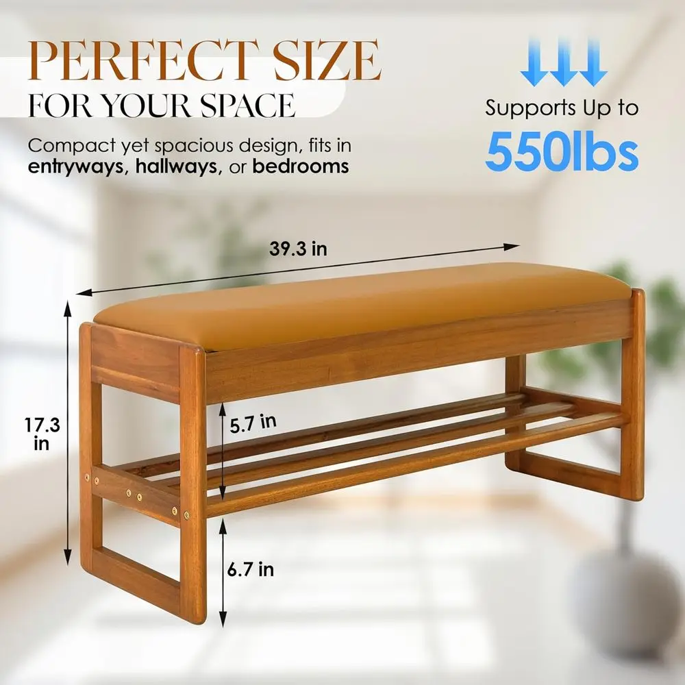 Acacia Wood Shoe Rack Bench with Cushion, 2-Tier Storage, Large 39.4 Entryway Organizer for Peru Color