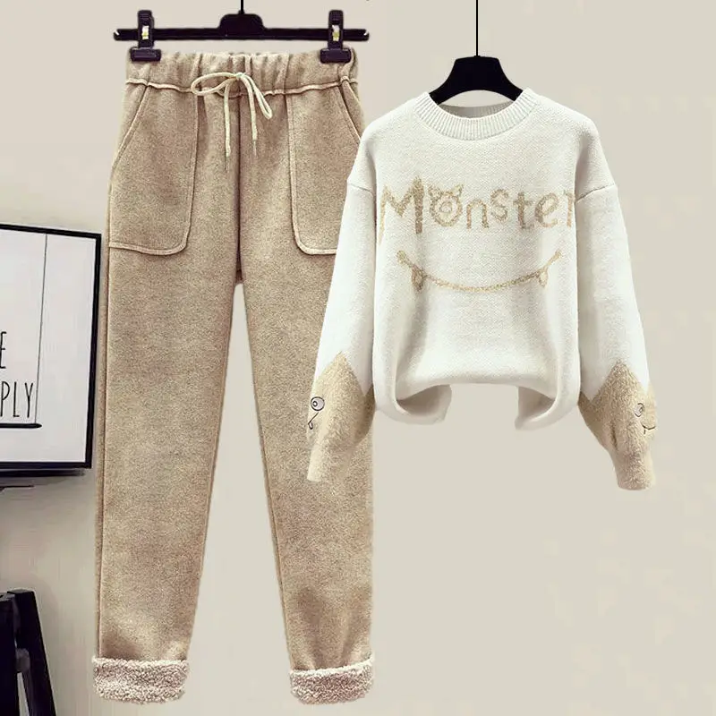 2024 Winter New Cashmere Vest Coat Embroidery Knitted Sweater Casual Trousers Three Piece Elegant Women's Pants Set Outfit