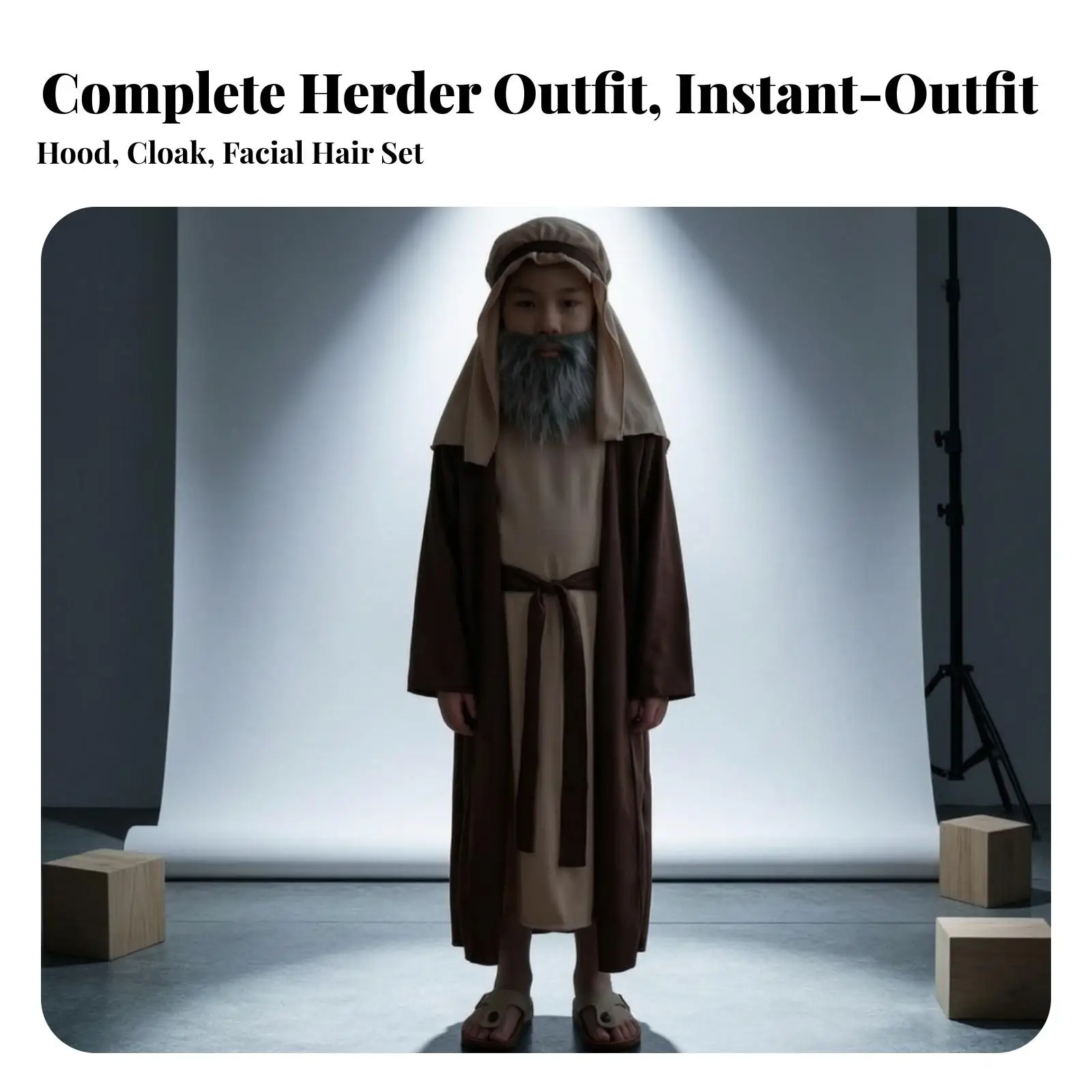 Child Men Costume with Hooded Cape and Gray Beard for School Drama Festive Holiday Storytelling Dress Up