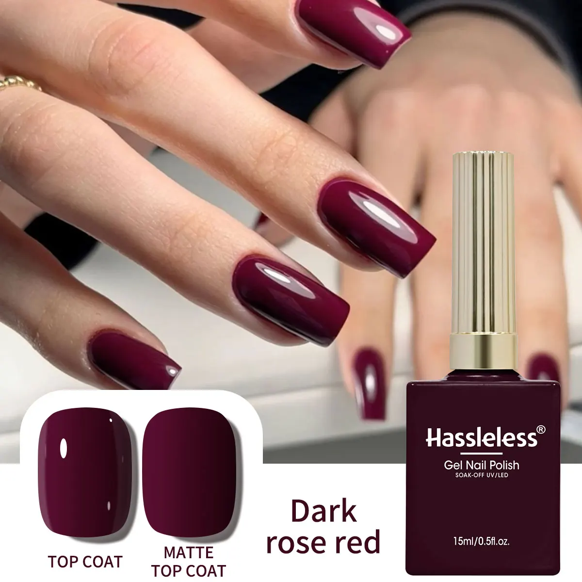 Hassleless Gel Nail Polish Single Bottle - Long-Lasting Glossy Cherry Red, High Saturation Shine, 15ml Per Bottle, Gentle Formula, Does Not Damage Nails, Salon-Grade Artistic Design, Perfect Gift for Women, Nail Art Supplies, Gold Cap Glass Square Bottle, Nail Care, Elegant Nail Design, Long-Lasting Nail Gel