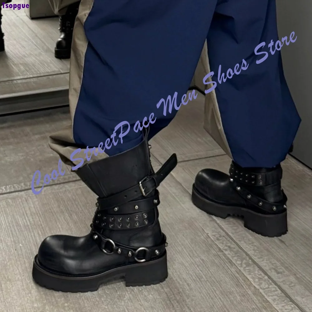 Gothic Punk Multi Rivet Belt Buckle Ankle Boots Men Washed Black Leather Chunky Thick Sole Platform Street Runway Short Boots