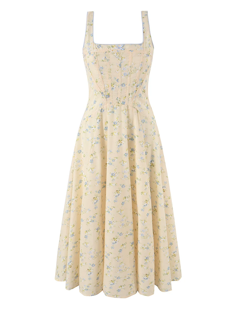 Rustic Floral Print Slimming Strapless Dress Women's Holiday Waist-Cinching Gown Square Collar Tie-Belted Casual Gown