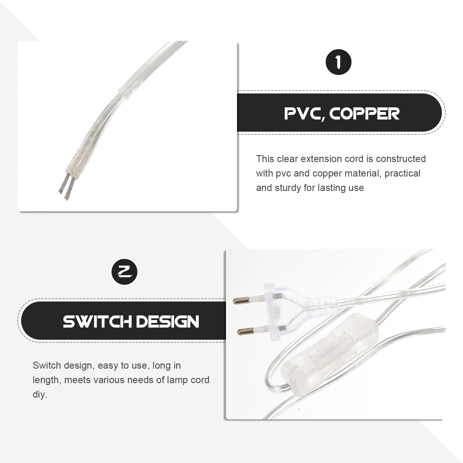 

Ultra-Thin European Power Transparent Extension Cable Clear Indoor Light Wire Replacement Long Length PVC Copper Durable DIY