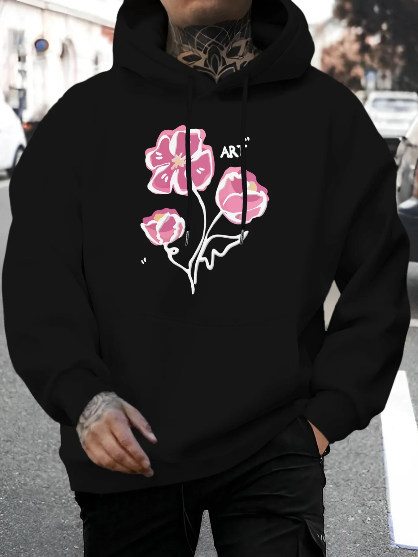 Minimalist Hand Drawn Pink Poppy Flower ART Letter Print Hoodie Men Simple Floral Loose Pullover Unisex Street Sweatshirt