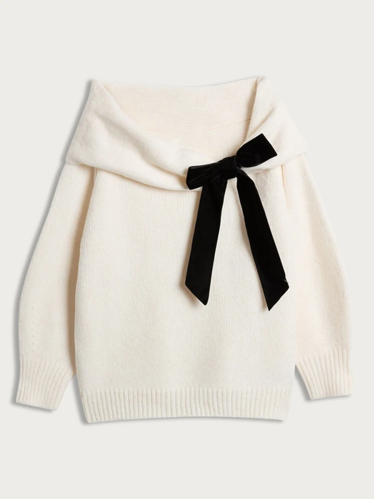 

Women Sweet Bow Decoration Knitted Top Long Sleeved Off Shoulder Pullover Sweater New Lady Autumn Winter Daily Versatile Outfit