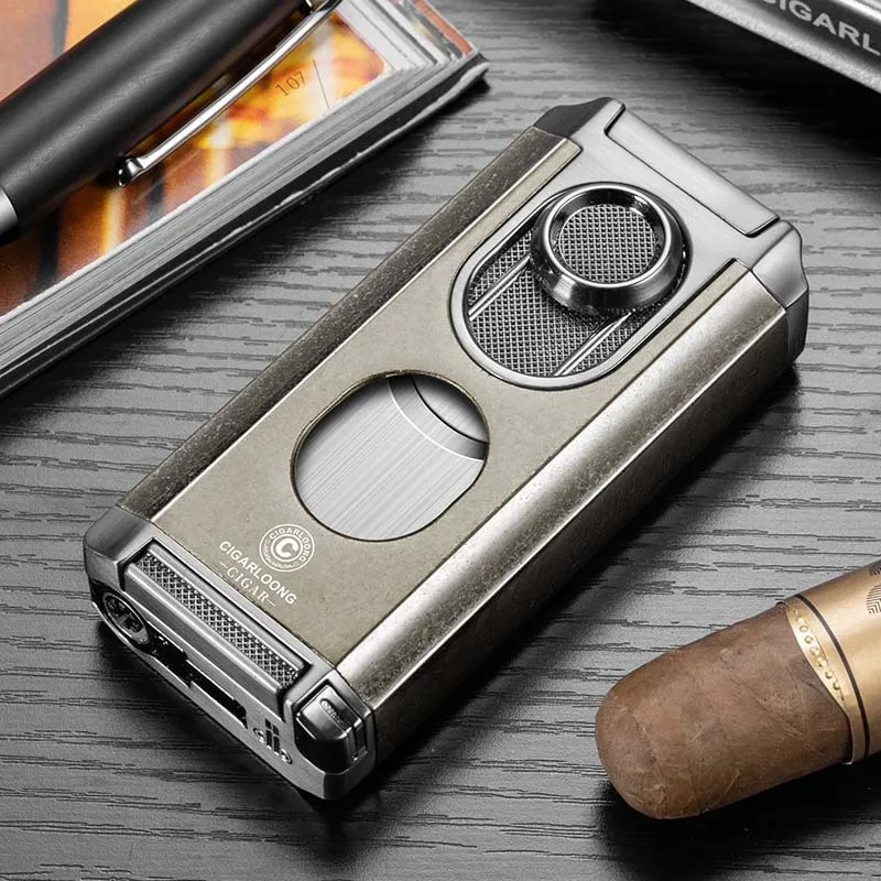 

Cigar Lighter 3 in 1 Windproof Triple Blue Flame Portable Travel V Cutter Holder Cigar Support Inflatable Smoking Accessories