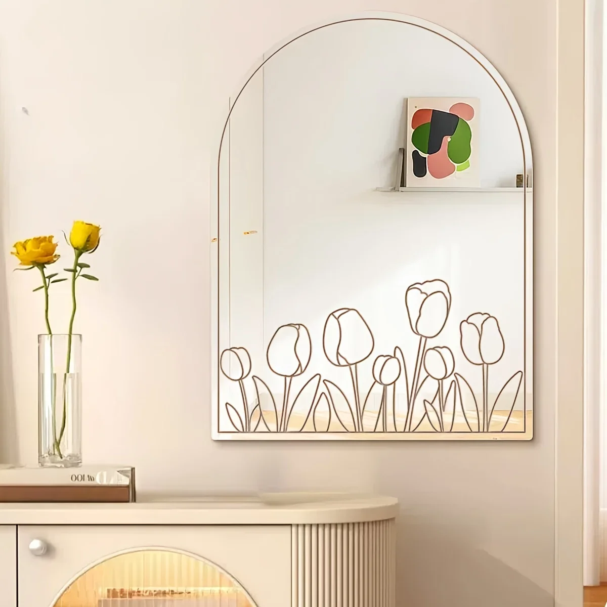 1PC 11.81x15.75inch Acrylic Irregular Tulip Back Carved Soft Mirror, Bathroom Washbasin, Wall Mounted Self-adhesive Mirror