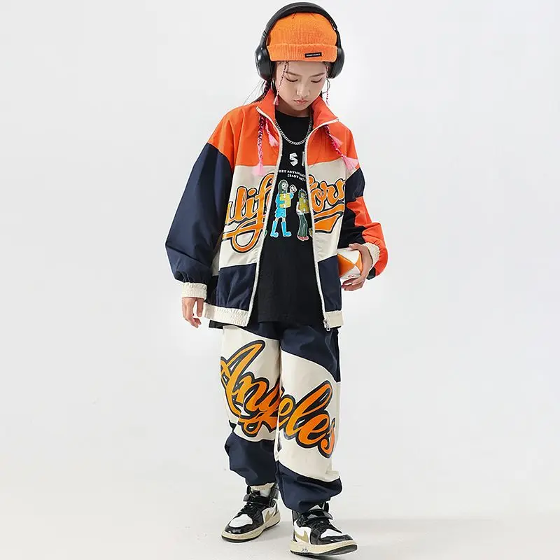 Boys Hip Hop Baseball Jacket Street Dance Loose Pants Girls Contrast Coat Joggers Kids Jazz Sport Clothes Sets Child Streetwear