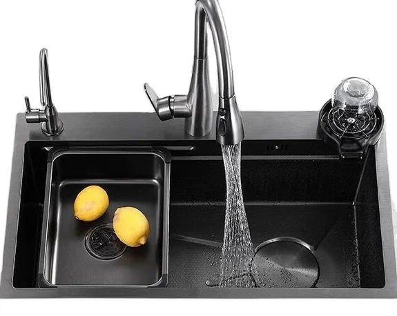 Manufacturer Handmade Single Bowl 304 Stainless Steel Kitchen Sink Smart Waterfall Multi-Function with Faucet Three Holes