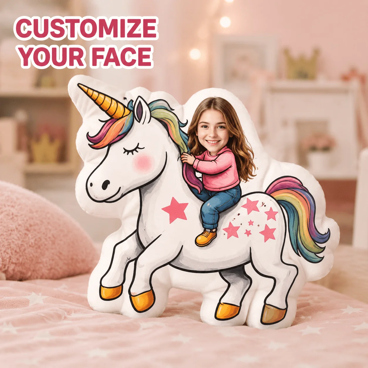 Custom Personalized Photo Face Pillow, Unicorn Shaped Decorative Cushion with Rainbow Mane And Stars, 60CM Large Size Accent Pil