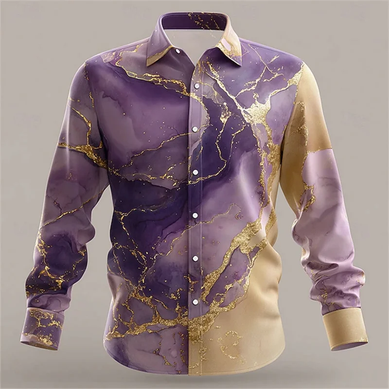 Men's Marble Abstract Liquid Art Shirt Long Sleeve Fashion Casual Daily Spring and Autumn Lapel 3D Printed Shirt Blue Purple