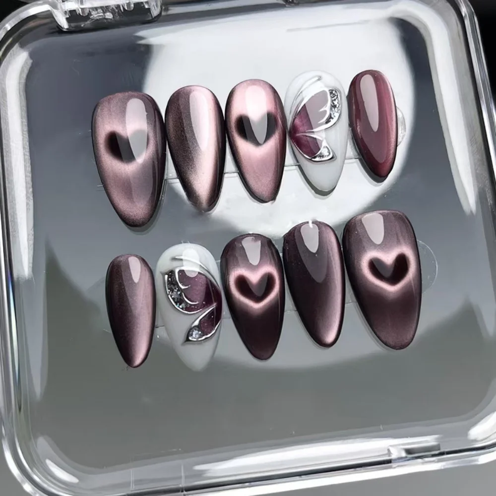 

24Pcs Violet Cat Eye Press-On Nails with a heart-shaped pattern and Butterfly Fake Nails Reusable for Wedding Party Daily Wear