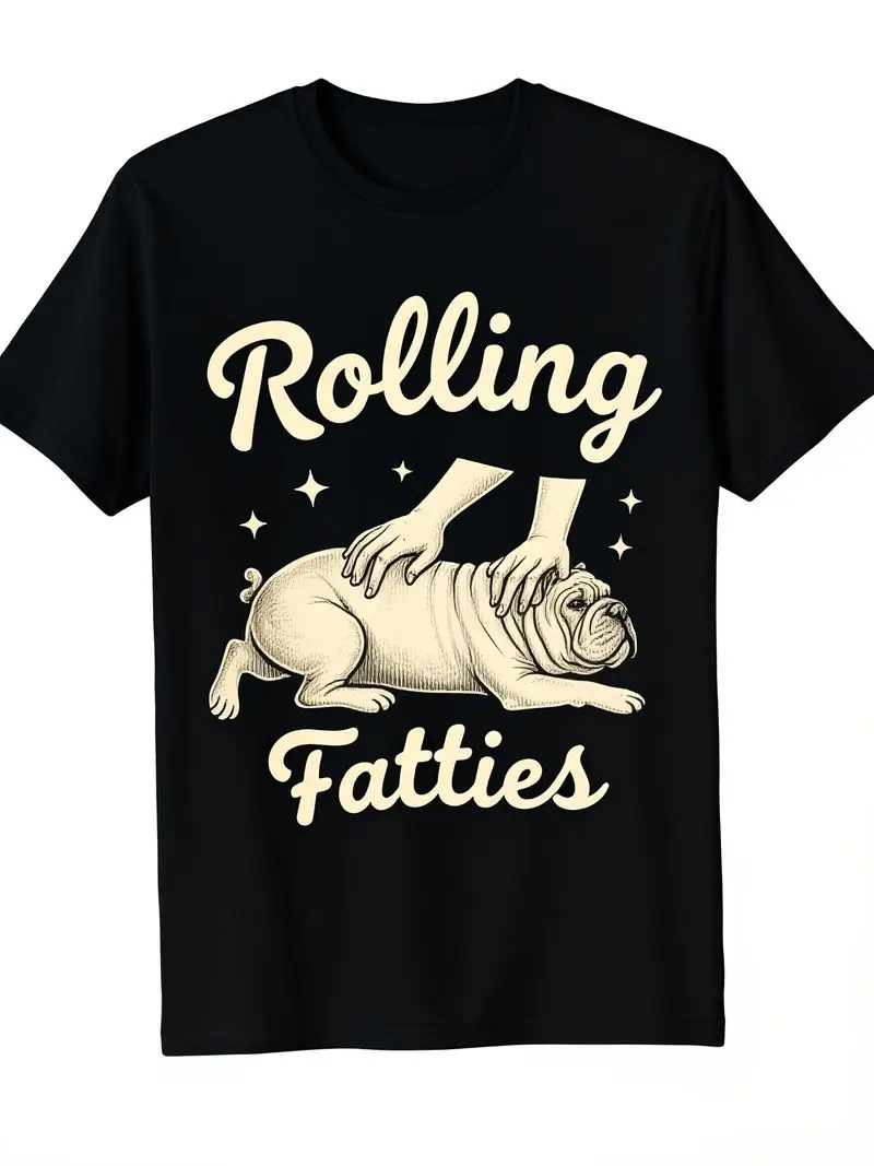 Men's Plus Size Humorous English Bulldog Rolling T-Shirt Adorable Chubby Puppy Fatty Slogan Unisex Casual For Dog Enthusiast Gif