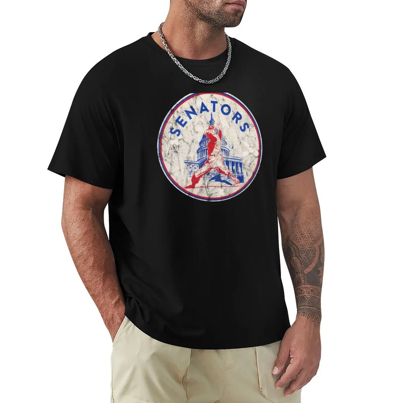 Vintage Washington Senators baseball logo Distressed version T-Shirt Big Size Short Sleeve Tee for Men