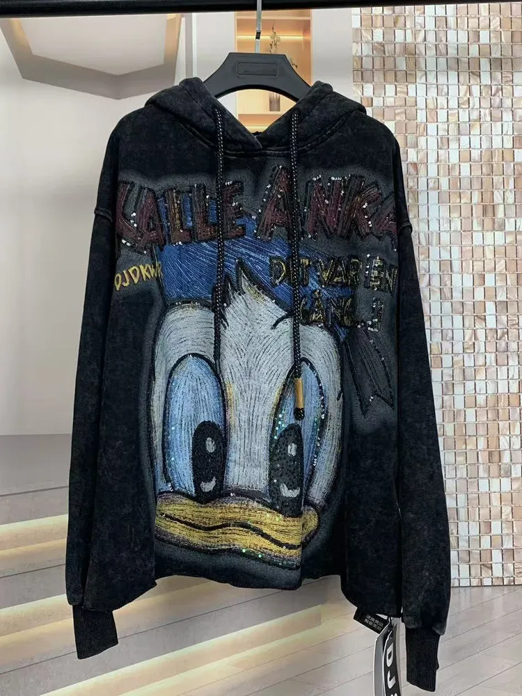 Trendy Brand Autumn New Heavy Craft Cartoon Sequin Hoodies Women Fashion Oversized Loose Hooded Sweatshirt Balck Top