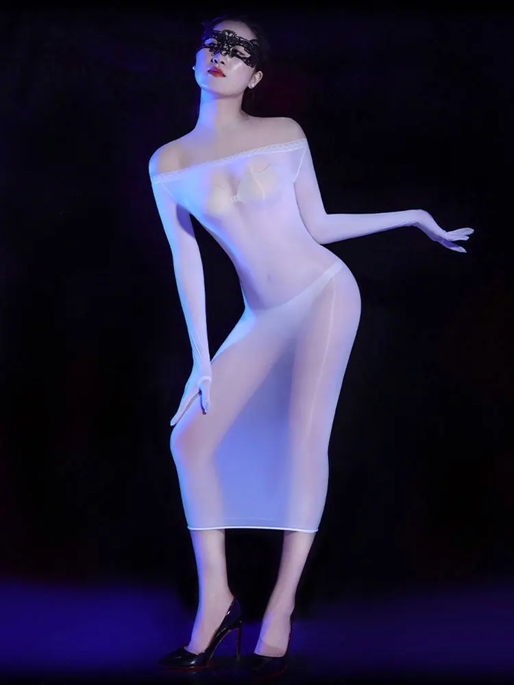 Abiti lunghi trasparenti trasparenti ultra sottili sexy a tubino Abiti tubolari con spalle scoperte in pizzo Guanti a cinque dita Abito alla moda