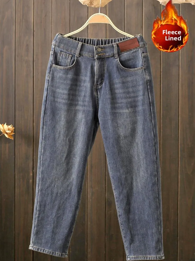 plus Size Fleece Lined Thick High Waist Double Buckle Harlan Jeans Slimming Effect Casual Cotton Stretch Denim Long Straight Leg