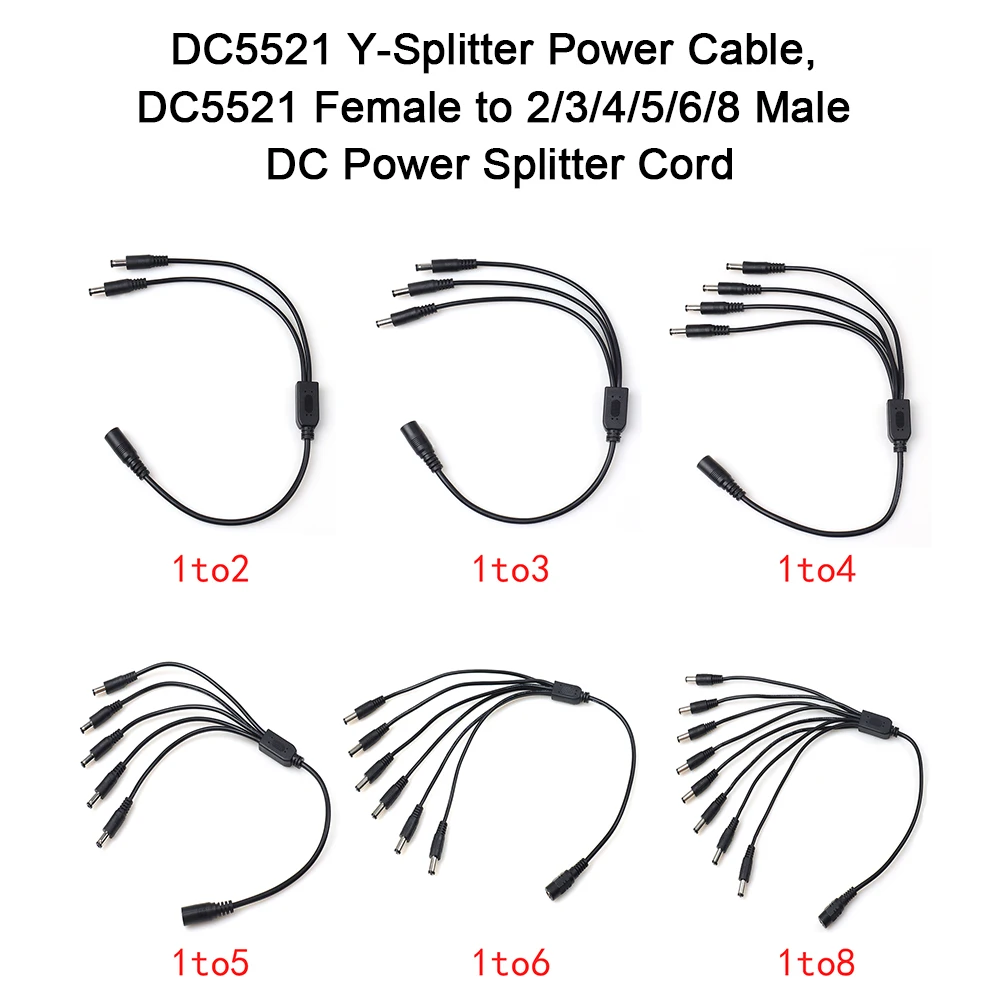 DC5521 female to 2 / 3 /4/5/6/8 male cable Y‑Splitter Power Cable for Security Surveillance LED Lighting DIY Electronics | black