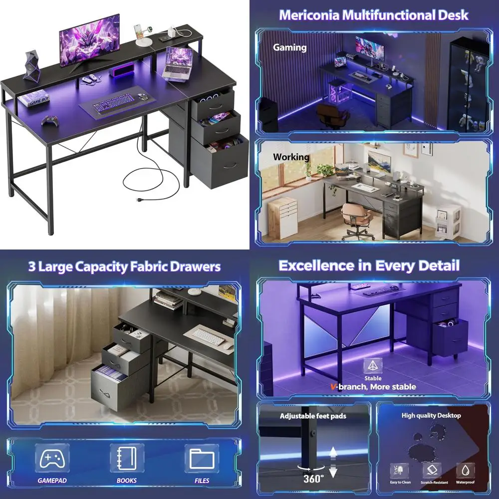 

48 Black Gaming Desk with 3 Drawers, Power Outlets, LED Lights, and Monitor Stand for Home Office and Small Spaces