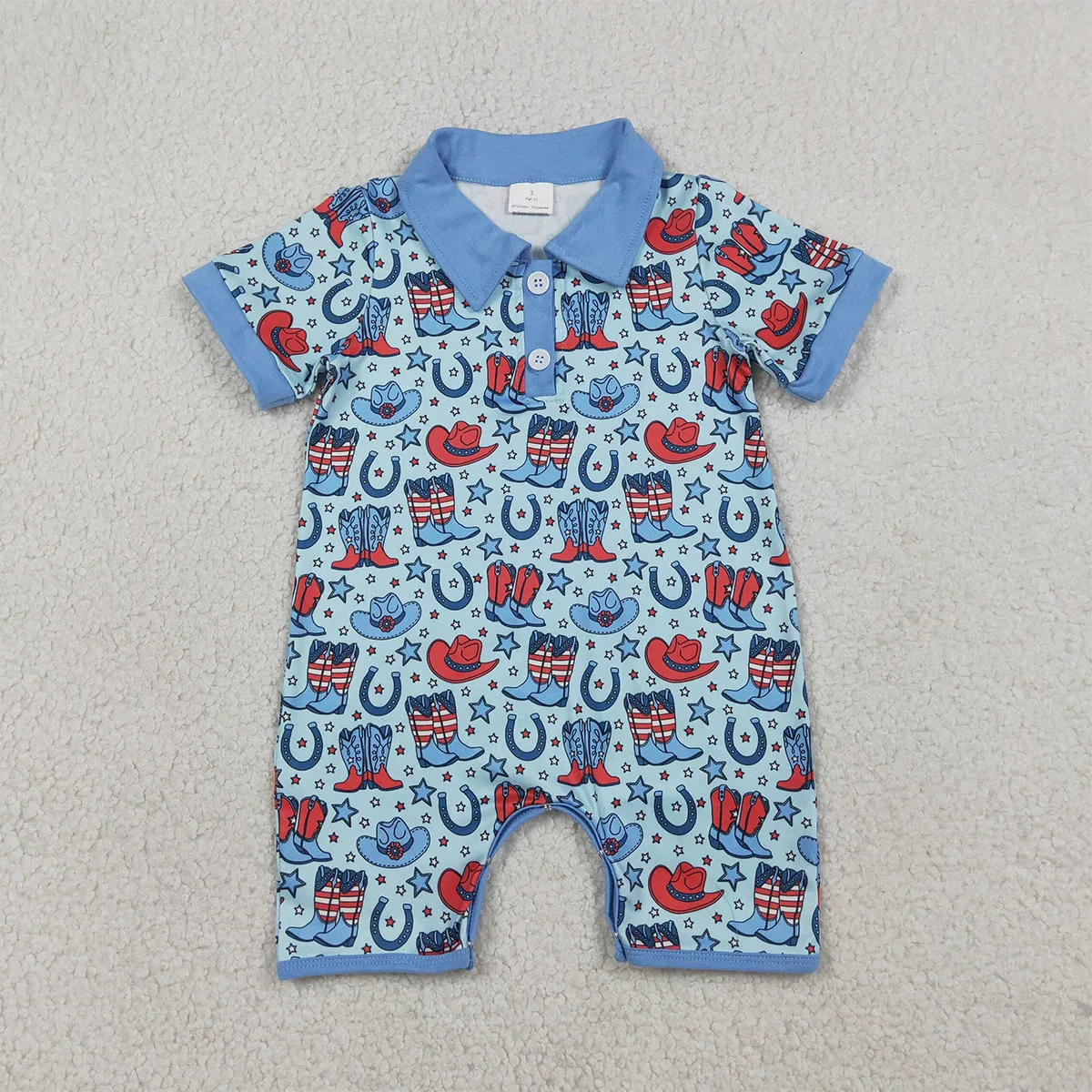 Newborn Baby Boy Short Sleeve Star Hat Boots 4th of July Western Button Cutest Kids Romper Toddler Children Clothing Wholesale
