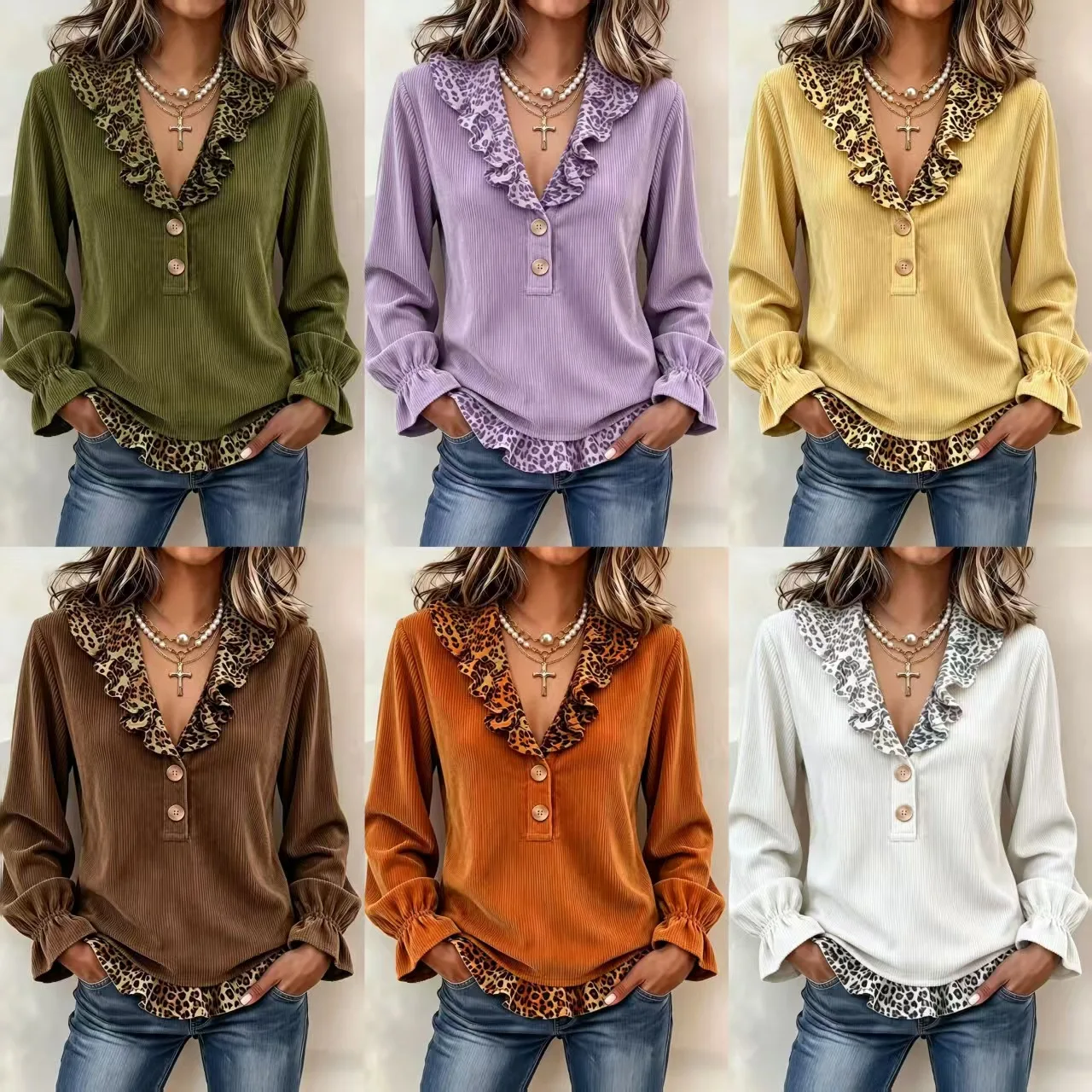 Women Green Corduroy Blouse Leopard Ruffle Collar V Neck Long Sleeve Shirt Vintage Button Flared Cuff Casual Tops