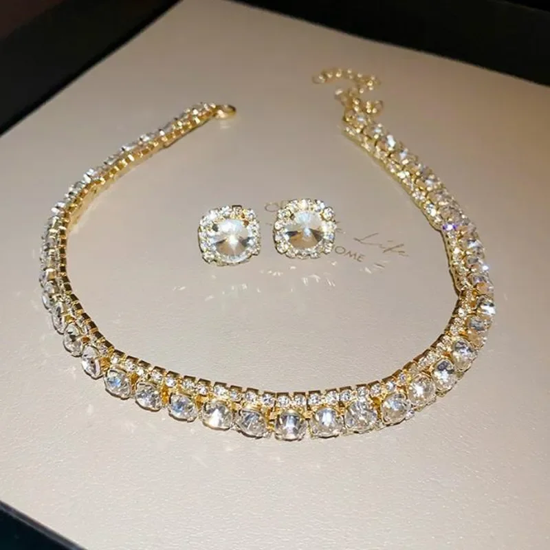 Luxury Necklace Earrings Sets Green Crystal Necklace Women Weddings Bride Jewelry Accessories