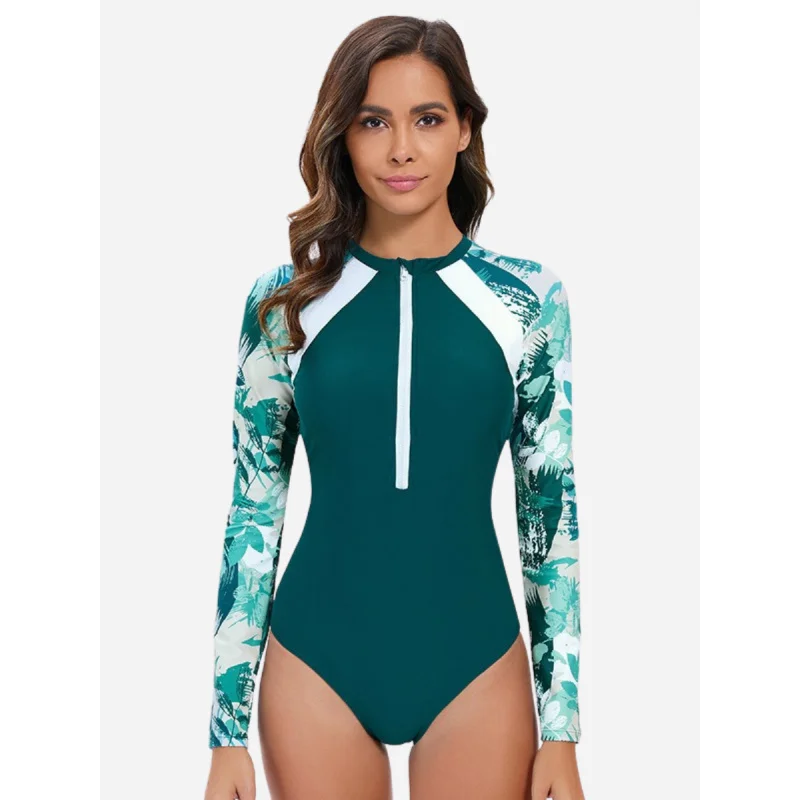 원피스 여성 래쉬가드 수영복 긴팔 UPF 50+ 수영복 컬러 블록 수영복 플로럴 프린트 비치웨어