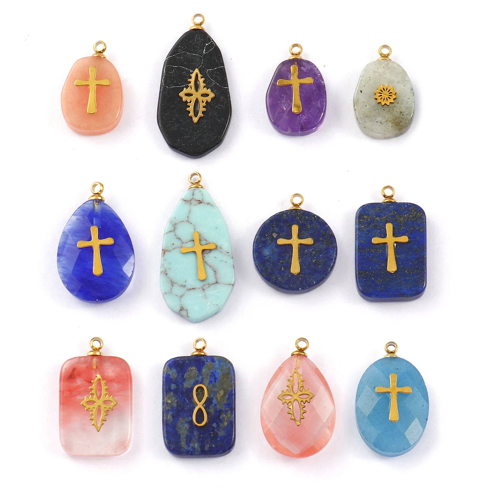 1 Piece 304 Stainless Steel & Geometric Natural Stone Charms Gold Plated Drop Rectangle Cross Metal Patch Pendants Necklace DIY
