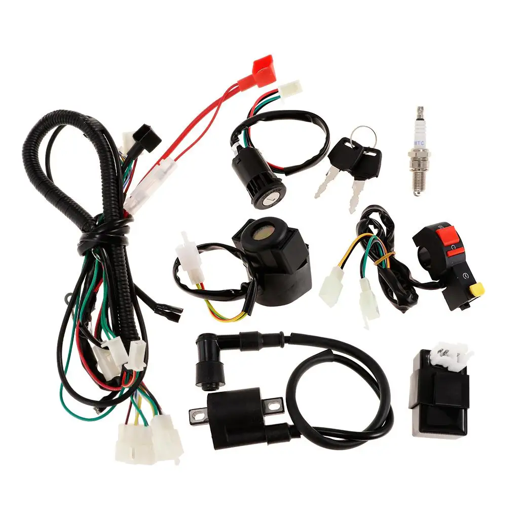 

Complete Motorcycle Wiring Harness Kit Plastic Copper Loom with CDI Key Ignition for 150CC ATV Off Road