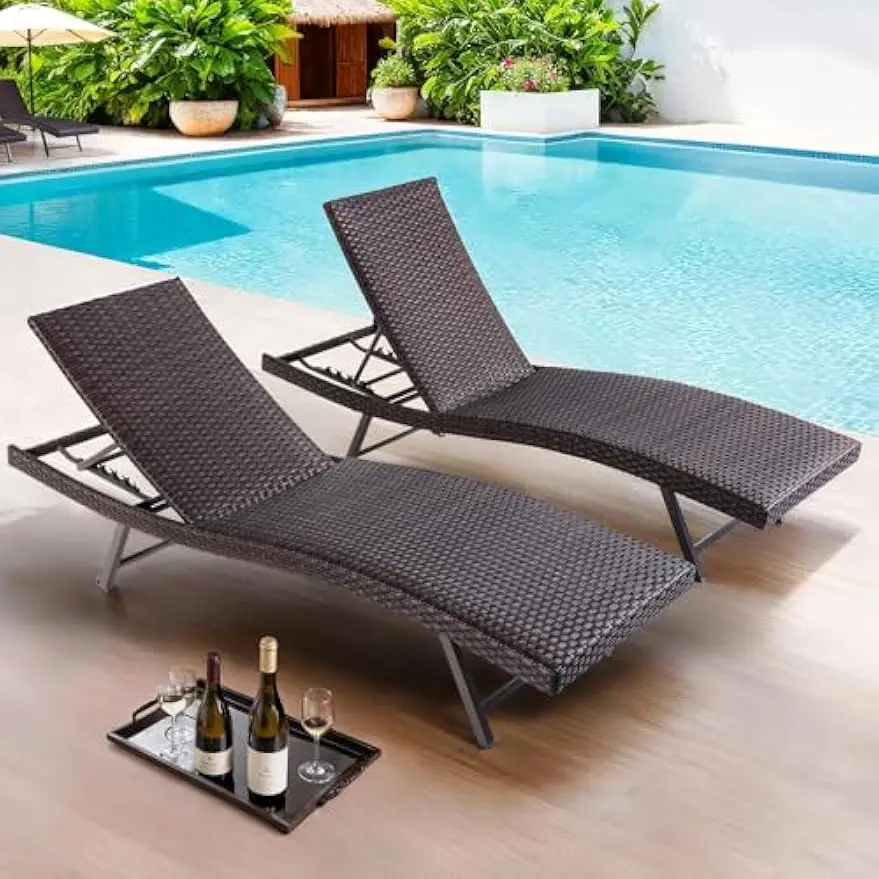 

Outdoor Chaise Lounge Chair Set of 2, PE Wicker Lounge Chairs for Outside with Quick Drying Sponge Cushion, Rattan Reclining Cha