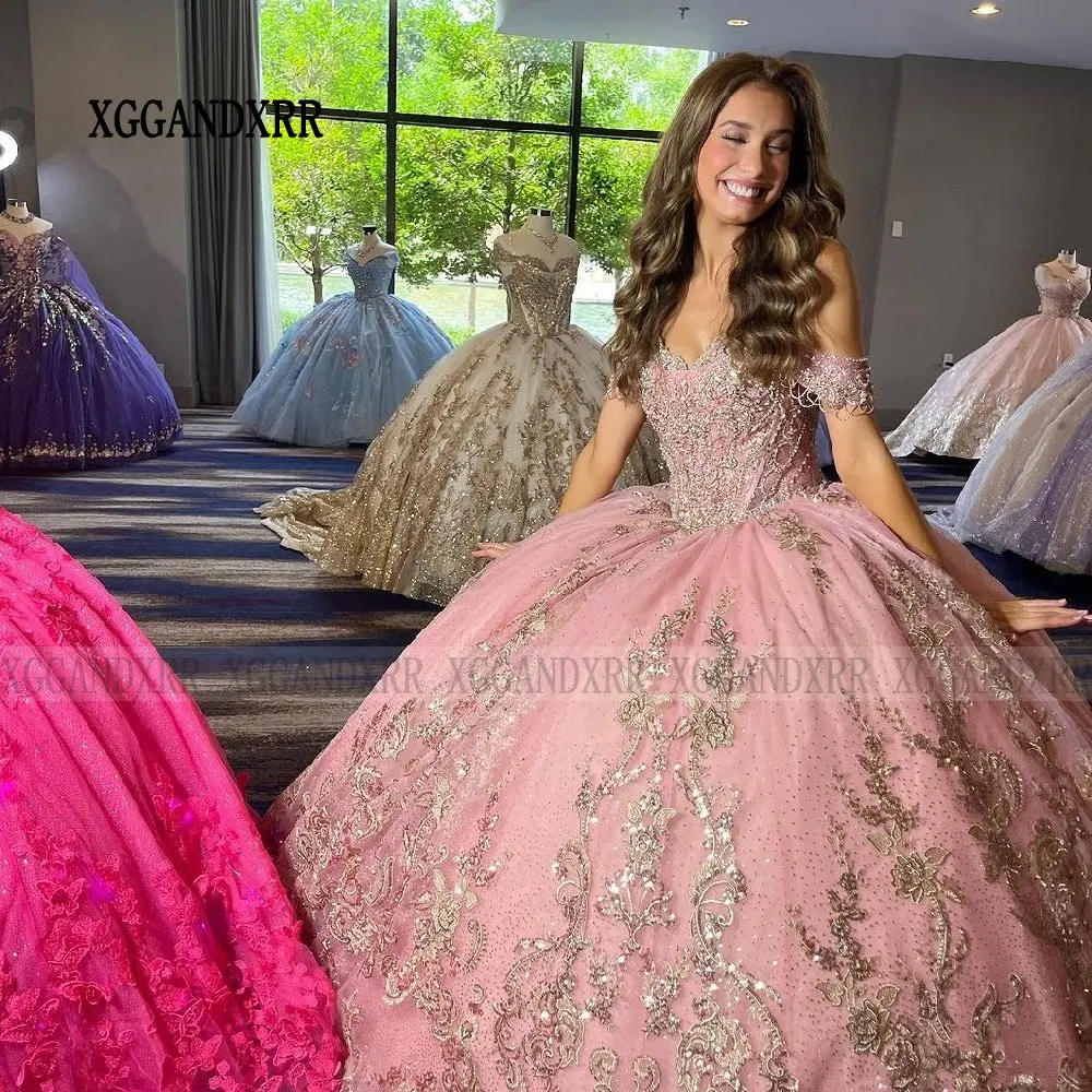 Vestido de baile rosa fora do ombro com aplique de renda, vestidos de festa, senhorita gala, quinceanera de luxo, 15 anos, 2024