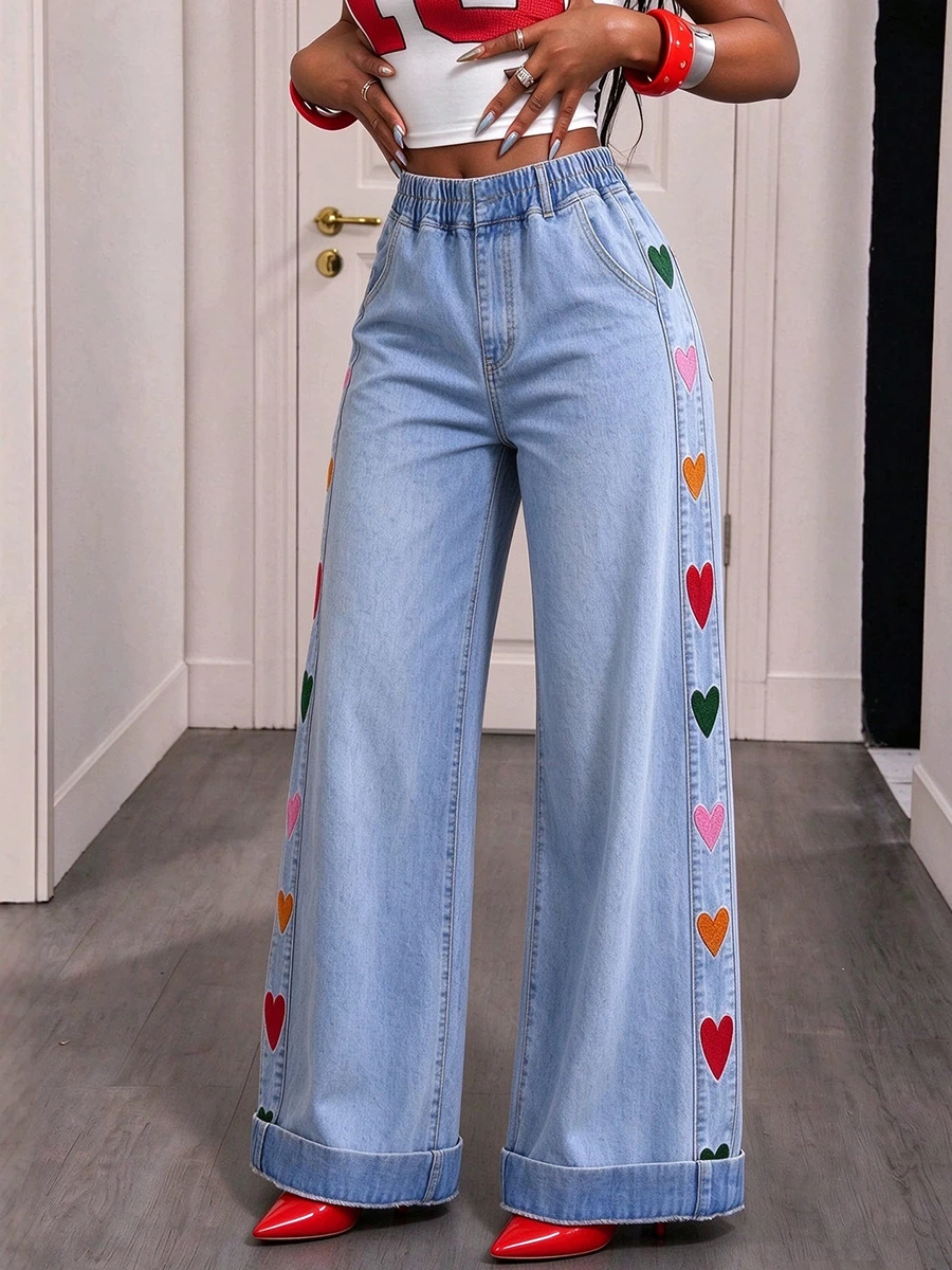 Women Heart Embroidery Straight Leg Jeans Elastic Waist Drawstring Rolled Cuff Loose Long Pants Trendy Streetwear Denim Trousers