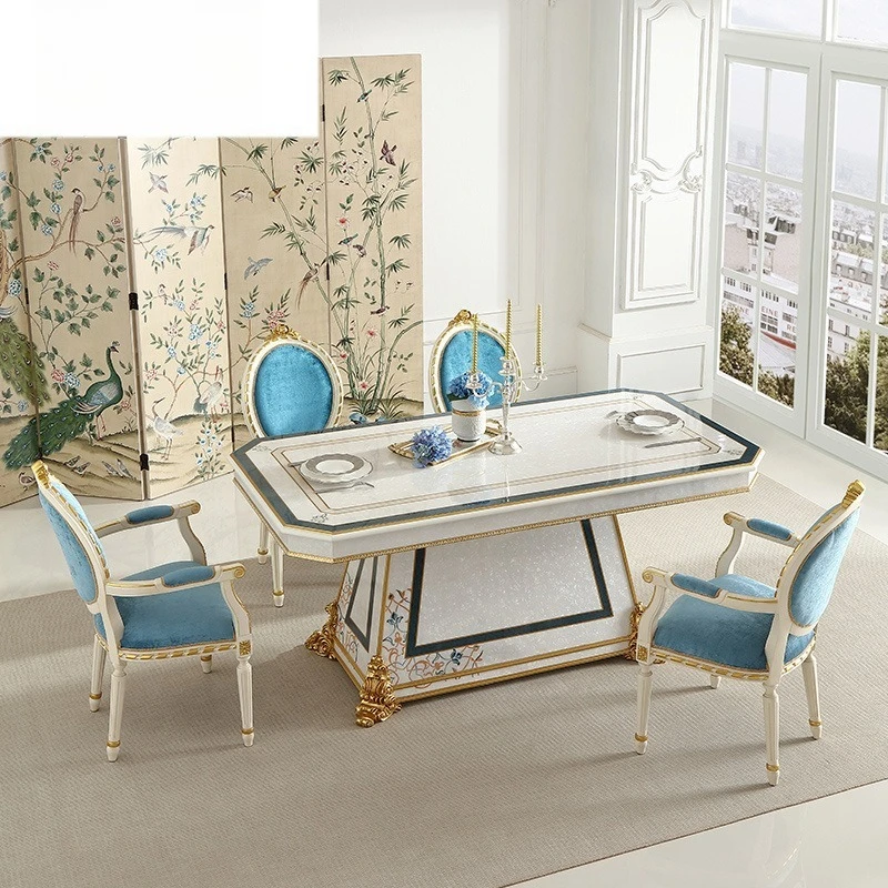Long dining table, dining chair and chair combination, European dining room furniture, solid wood carved shell veneer