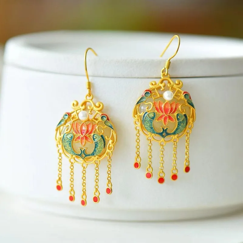 Natural Hotan White Jade Ancient Gold Craft Enamel Fish and Lotus Tassel Earrings for Women Vintage Luxury Chinese Style Jewelry