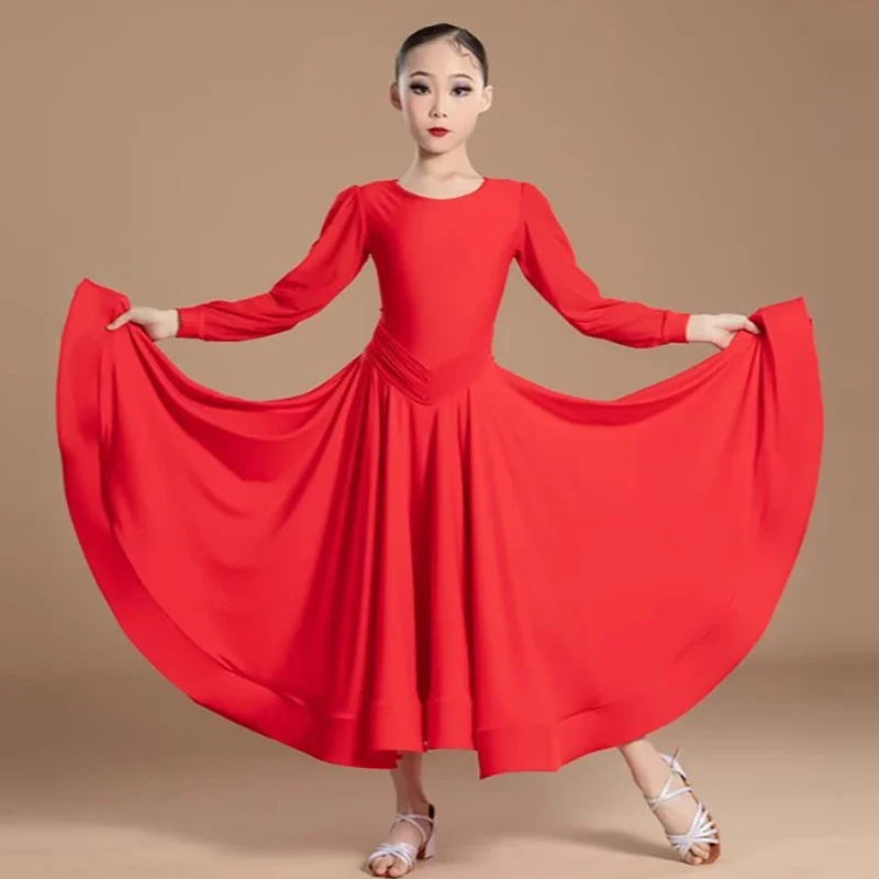 キッズガールズモダン社交ダンスウェア子供長袖ボディスーツと大きなスカート国家標準パフォーマンスダンス衣装