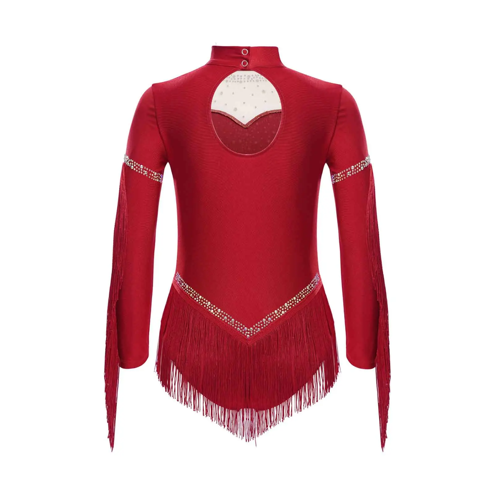 Girls Fringe Latin Dance Jumpsuit Figure Skating Gymnastics Ballet Costume Long Sleeve Rhinestones Tassels Tango Cha-Cha Leotard