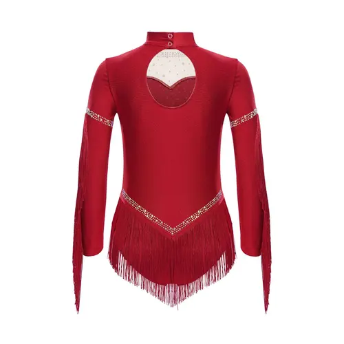 Imagen 2 del producto Vestido de baile latino con borlas para niñas, leotardo de Ballet con diamantes de imitación de manga larga, vestido tutú, trajes de baile de competición de patinaje artístico