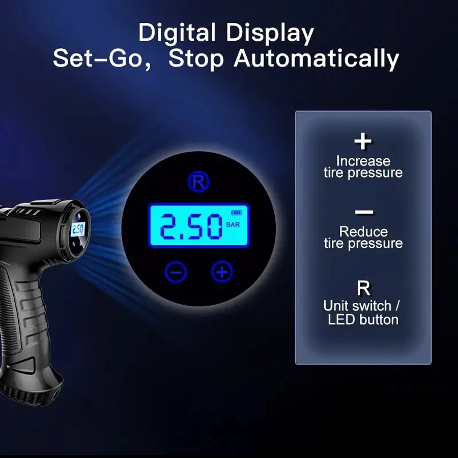 150PSI ไร้สายปั๊มลมรถยนต์มือถือจอแสดงผลดิจิตอลอัจฉริยะไฟฟ้าแบบพกพาปั๊มลมยางสําหรับรถยนต์/จักรยาน
