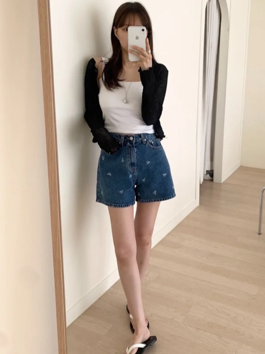 

Summer New Vintage High Waist Waed Bleached Printed Straight Leg Denim orts Women's 2 Colors Straight Leg Jeans orts