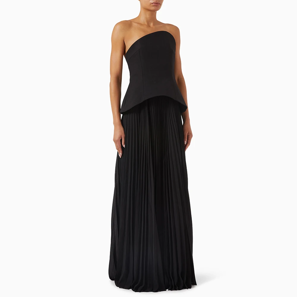 

Elegant Prom Dresses Asymmetrical Neck Pleated Strapless 2 Pieces Evening Gowns Long Sleeveless Women's Wedding Guest Dresses