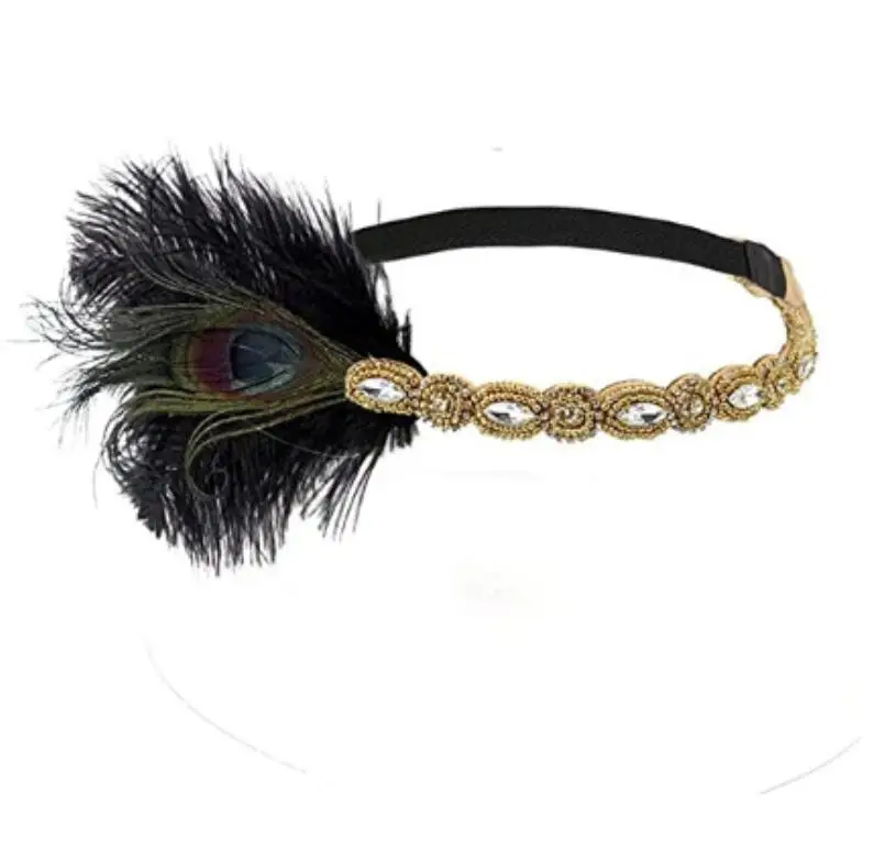 Diademas Vintage de plumas de los años 1920, banda elástica con cuentas de joyas, accesorios de disfraz, tocado de fiesta para Flapper Dre