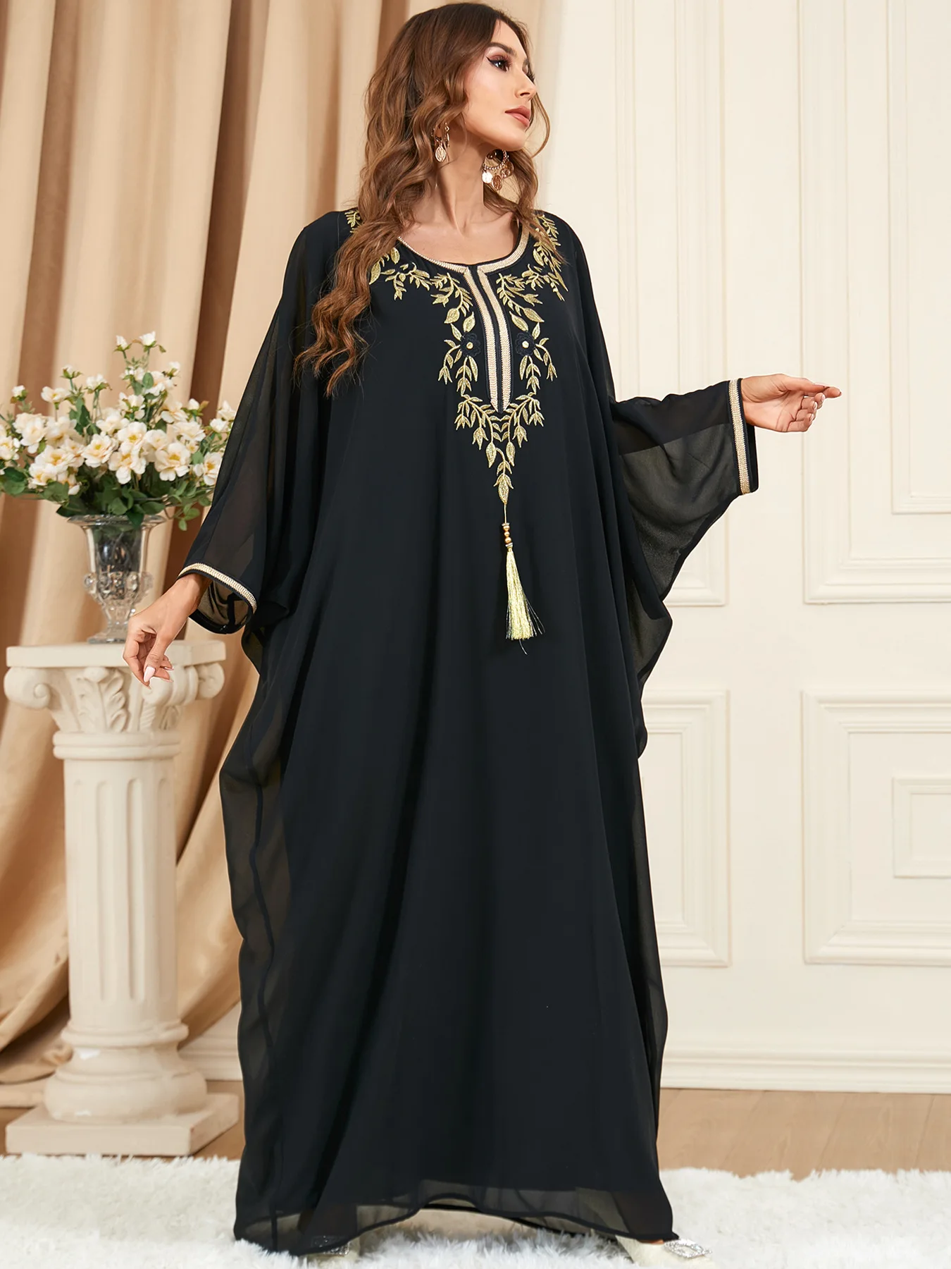 Embroidery Solid Muslim Dresses Women O-Neck Casual Long Dress  Loose Batwing Sleeve Elegant Female Clothes Spring Summer