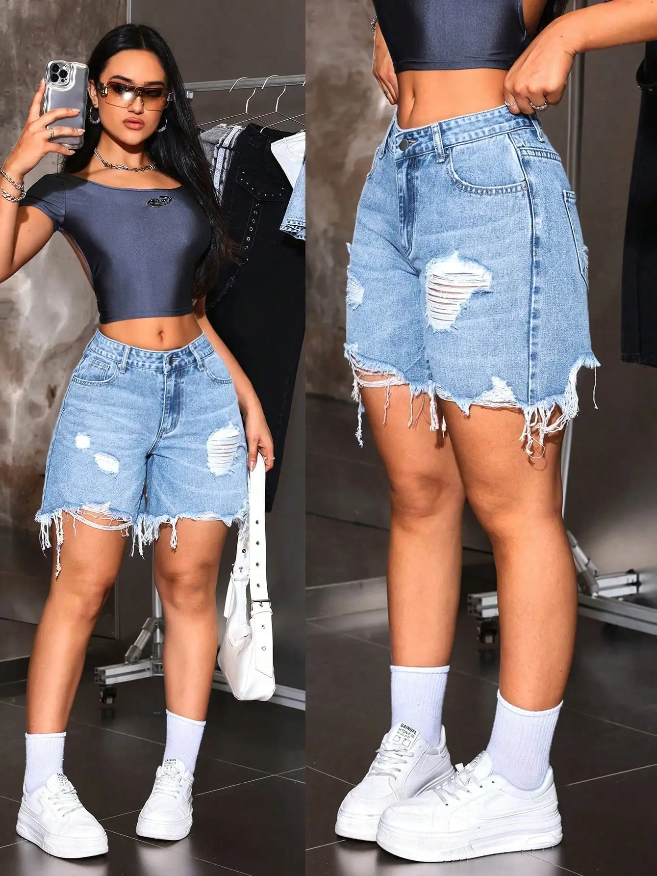 Button Pocket Distressed Denim Shorts, Simple Casual Y2K, Summer Tall Women Mini Shorts