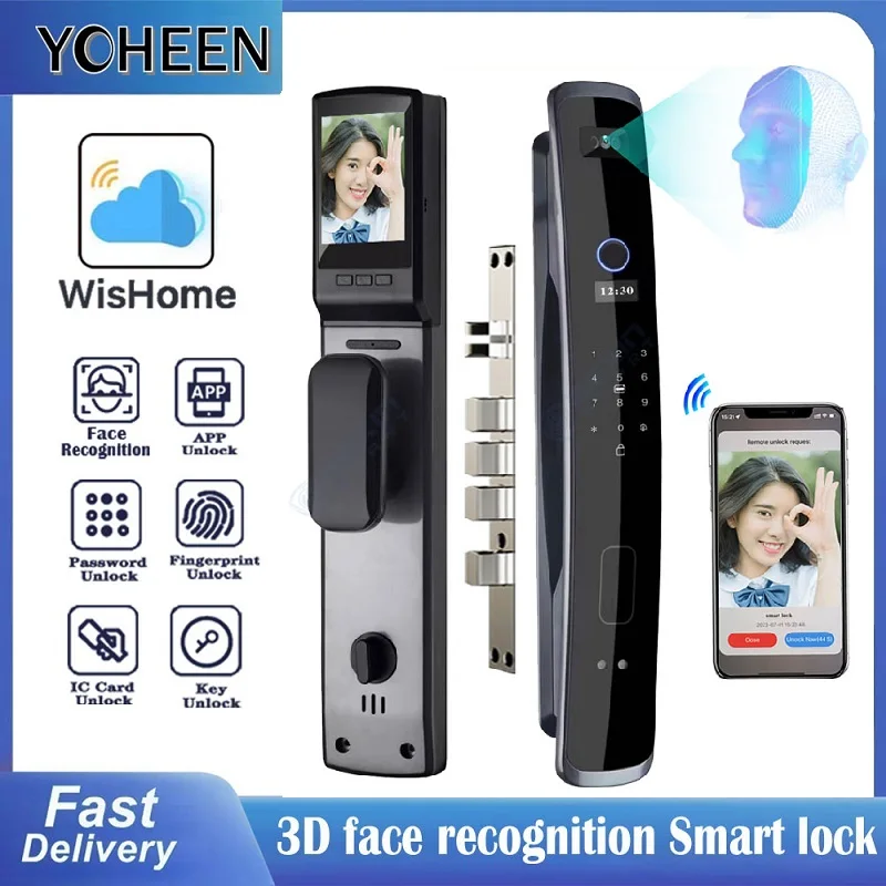 3D Face Recognition Fingerprint Electronic Smart Lock Door Visual Doorbell Remote Unlocking with Key Card Camera and Data Sim