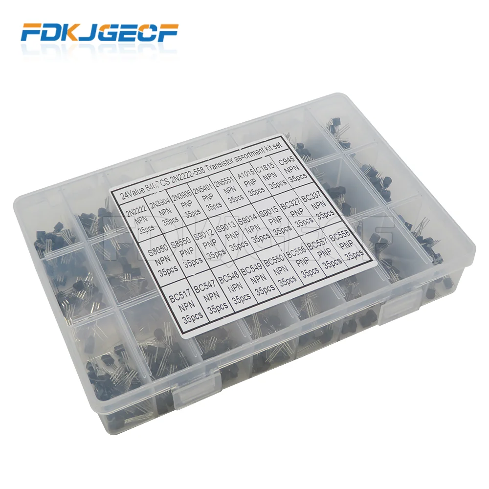 840pcs 24Values TO-92 Transistor BC547 BC327 BC337 2N2222 3904 3906 C945 PNP/NPN transistors set electronics assortment Kit