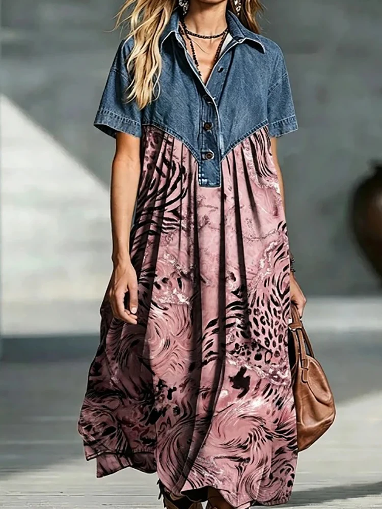 Women's Summer Vintage Print Patchwork Maxi Dress Turn-Down Collar Short Sleeve Elegant Holiday Chic Party Dress Streetwear 2026