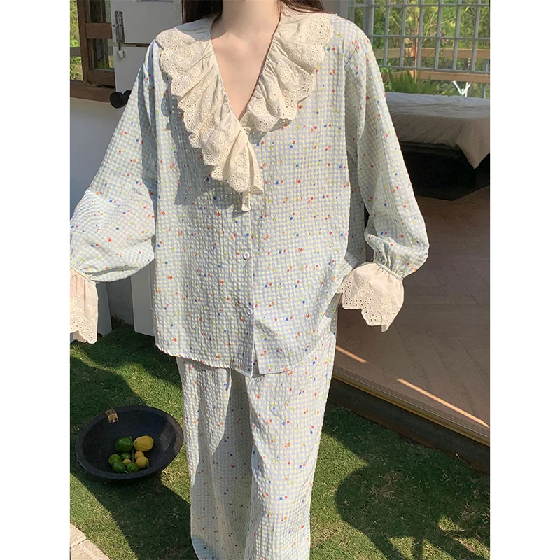 Lace Sleepwear Women Pajama Sets Piiama Autumn Pants Sets 2 Pieces Plaid Floral Flare Long Sleeve Night Wears V-neck Home Suit