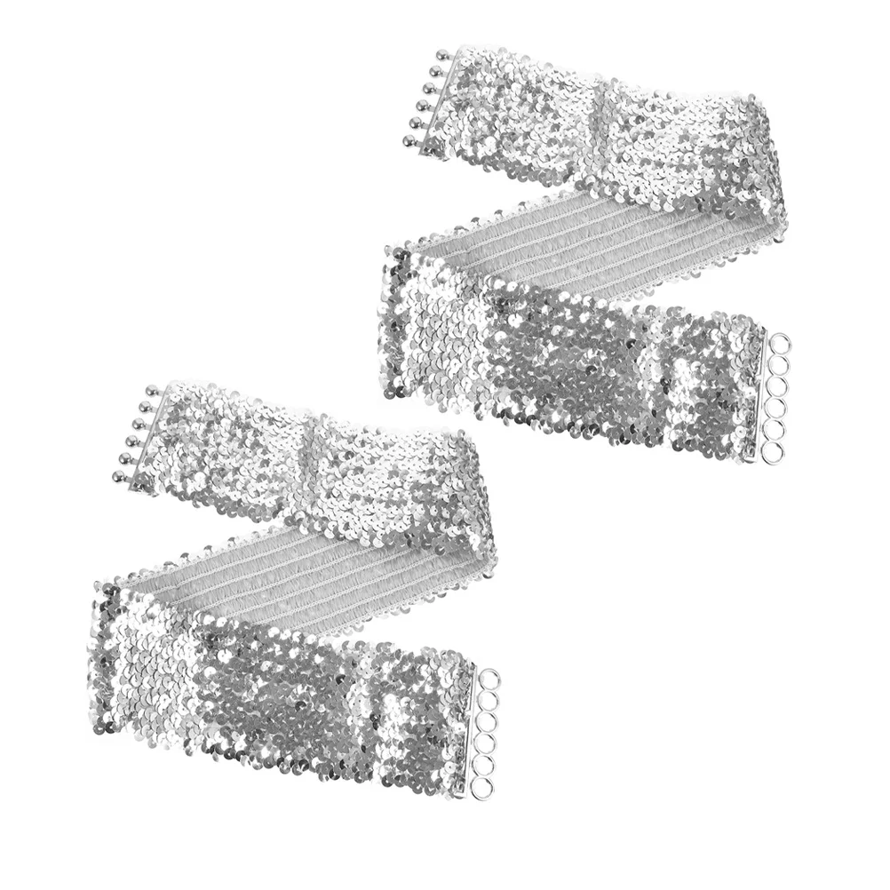 

2Pcs Flashy Sequin Waist Belt Silver Wide Elastic Stretch for Women Girls Dance Party Prom Dress Performance Costume