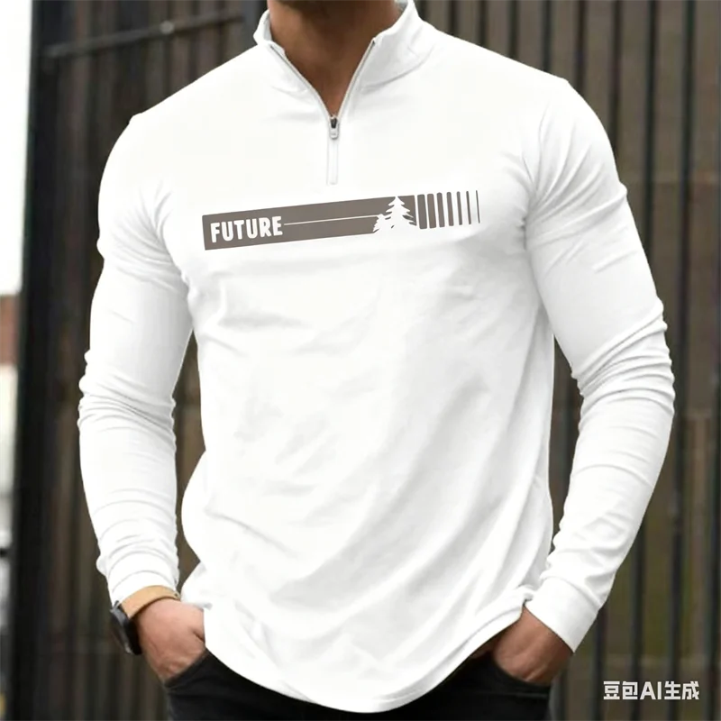 

Autumn And Winter Leisure Fashion Men's Half-Zip Stand Collar Shirt 3D Future Letter Graphic Printed Long Sleeve Sweatshirts Top