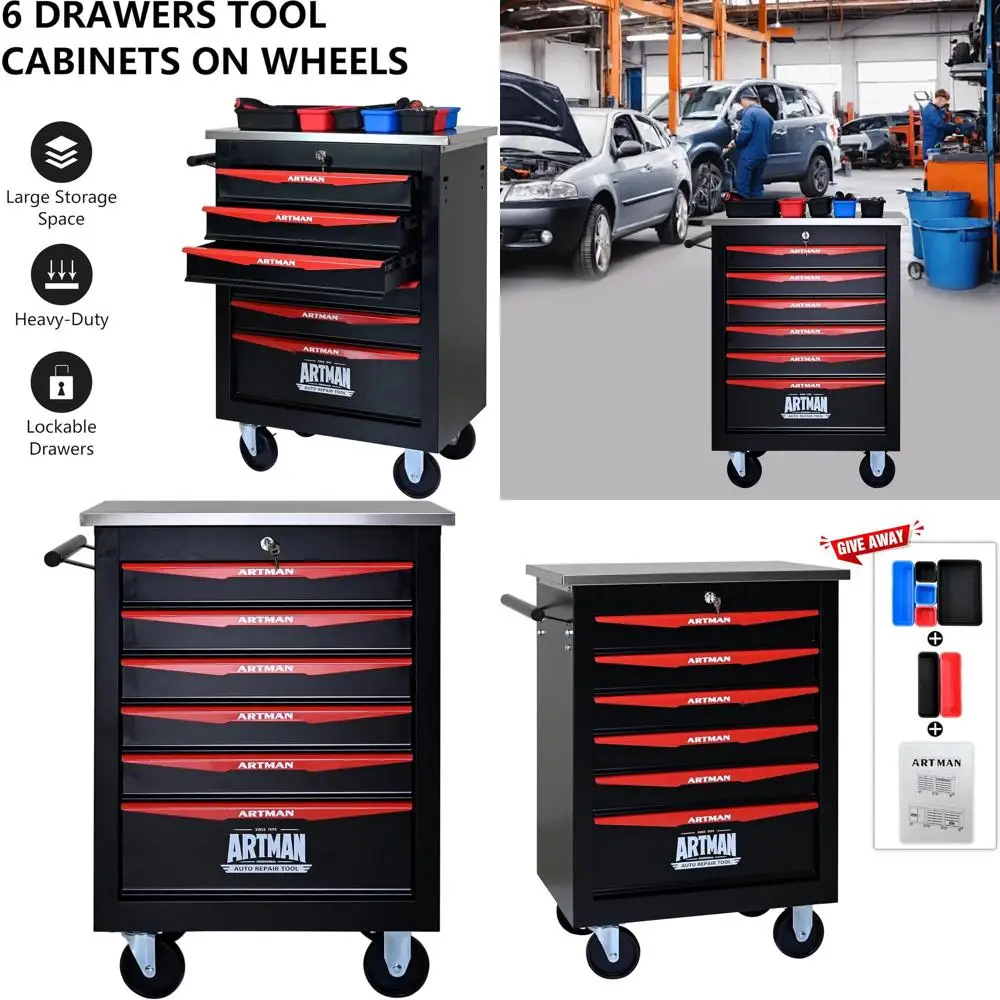 

6-Drawer ARTMAN Mobile Workbench with Wheels, Black & Red Storage Chest